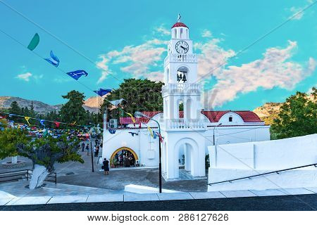 Tsambika Monastery With Bell Tower During Feast (rhodes, Greece)