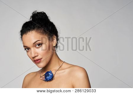 Beauty Profile Portrait Of Beautiful Mixed Race Woman Wearing Chocker