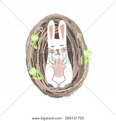 Newbor Easter Bunny Lying In Th Nest. Spring Or Nursery Print