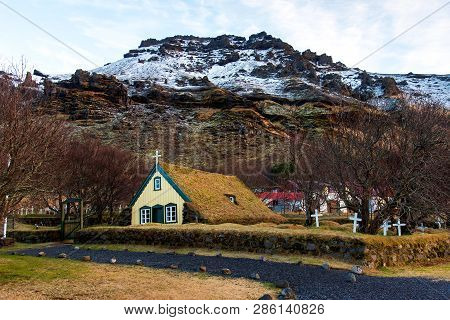 Hofskirkja Yellow Turf Church In Town Of Hof In South Iceland