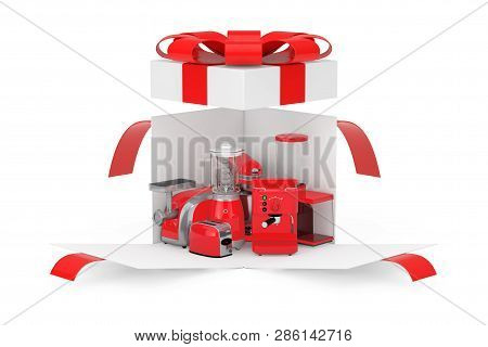 Kitchen Appliances Gift. Red Blender, Toaster, Coffee Machine, Meat Ginder, Food Mixer And Coffee Gr