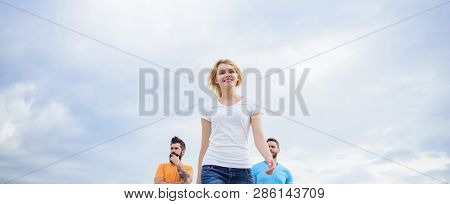 Woman In Front Of Men Feel Confident. Moving Forward Support Male Team. What Makes Successful Female