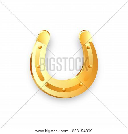 3d Golden Horseshoe Icon For Patricks Day Holiday. Horse Shoe Lucky Symbol For Irish Festival Or Sco