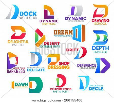D Icons, Corporate Identity Symbols And Company Signs. Vector Letter D Font Of Yacht And Diving Spor