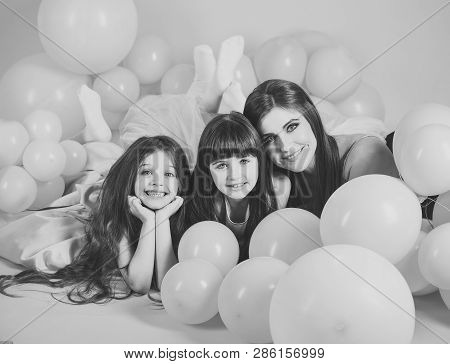 Family, Children, Mother With Party Balloons. Mother And Kids In Balloons, Mothers Day. Birthday, Ha