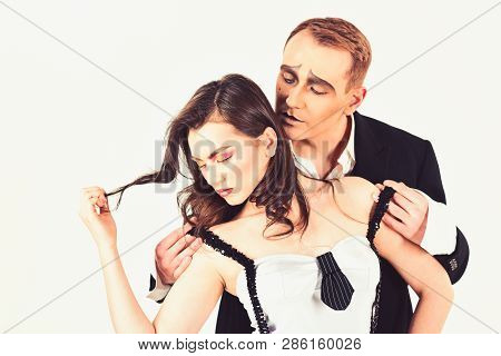 Strong Emotional Bonds. Couple Of Mime Artists Perform Romantic Scene. Sexy Couple In Love With Mime