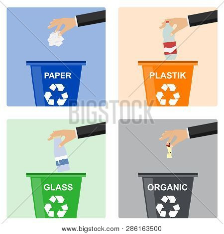 Man Hand Throws Garbage Into A Plastic Container. Hand Of Man Throwing Garbage Into Organic Containe