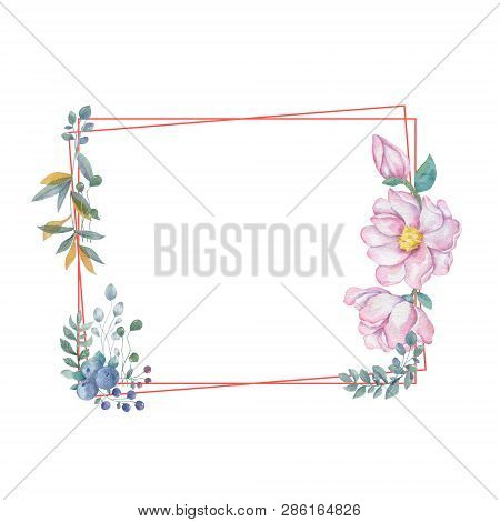 Watercolor Flowers And Leaves Wreath. Gold Frame Illustration. Square Clip Art Branch For Celebratio