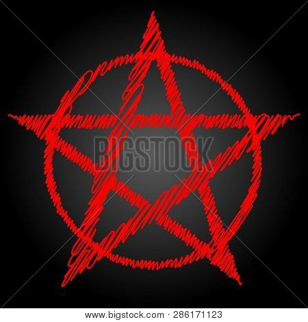 Pentagram Blood Red Runic Spell Circle. Satanic Sign, Magic Casting Ring. Pentalpha, Pentangle