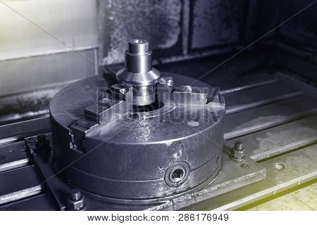 Spindle Chuck And Installed Metal Part On High Precision Cnc Industrial Lathe Turning Machine. Close