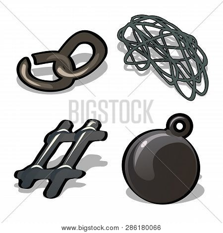 A Set Of Metal Products Isolated On White Background. A Broken Chain, Steel Wire, Fragment Of The La