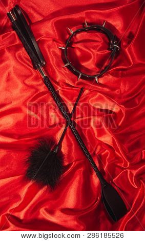 Bondage, Kinky Adult Sex Games, Kink And Bdsm Lifestyle Concept With A Whip, Feather Stick, Collar O