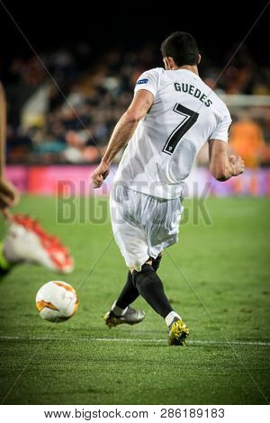 VALENCIA, SPAIN - FEBRUARY 21: Guedes during UEFA Europa League match between Valencia CF and Celtic FC at Mestalla Stadium on February 21, 2019 in Valencia, Spain