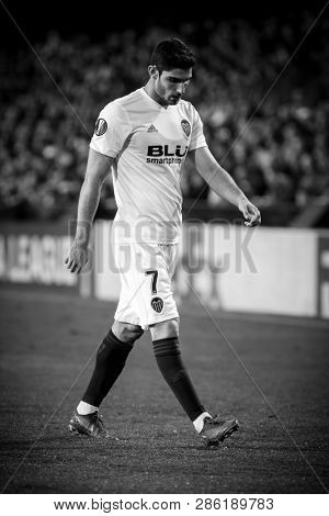 VALENCIA, SPAIN - FEBRUARY 21: Guedes during UEFA Europa League match between Valencia CF and Celtic FC at Mestalla Stadium on February 21, 2019 in Valencia, Spain
