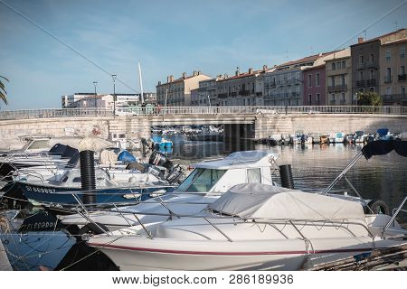 Sete, France - January 4, 2019: View Of The Marina In The City Center Where Pleasure Boats Are Parke