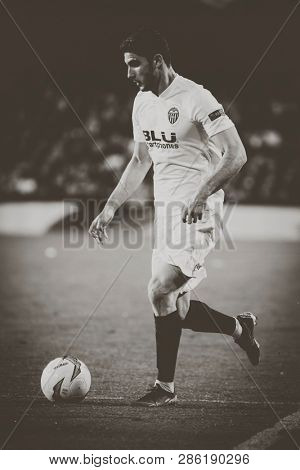 VALENCIA, SPAIN - FEBRUARY 21: Guedes during UEFA Europa League match between Valencia CF and Celtic FC at Mestalla Stadium on February 21, 2019 in Valencia, Spain