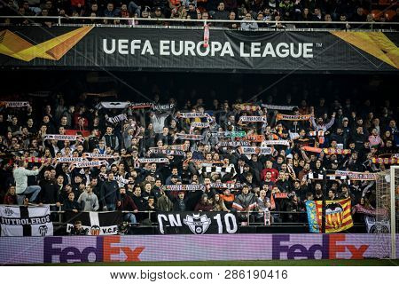 VALENCIA, SPAIN - FEBRUARY 21: Valencia supporters during UEFA Europa League match between Valencia CF and Celtic FC at Mestalla Stadium on February 21, 2019 in Valencia, Spain