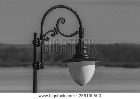 Nice Sunny Winter Cold Day Near Rozmberk Pond In South Bohemia With Lamp And Water Gate