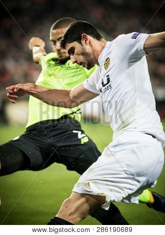 VALENCIA, SPAIN - FEBRUARY 21: Guedes in focus during UEFA Europa League match between Valencia CF and Celtic FC at Mestalla Stadium on February 21, 2019 in Valencia, Spain