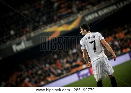 VALENCIA, SPAIN - FEBRUARY 21: Guedes during UEFA Europa League match between Valencia CF and Celtic FC at Mestalla Stadium on February 21, 2019 in Valencia, Spain