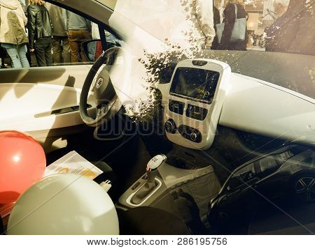 Strasbourg, France - Oct 1, 2017: Interior View Of Modern Renault Ze Zoe Electric Car Central Contro
