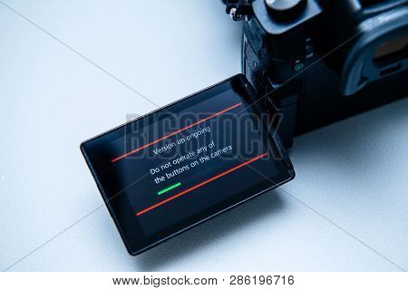 Paris, France Sep 30, 2017: Macro Close-up Of Firmware Update Process On The Screen On Modern Panaso