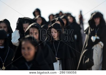 Caceres, Extremadura, Spain - April 08, 2017: The Dominican Brotherhood Of The Holy Christ Of The Vi