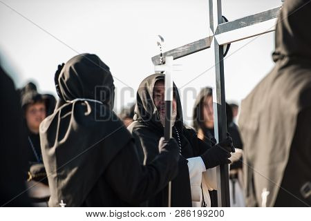 Caceres, Extremadura, Spain - April 08, 2017: The Dominican Brotherhood Of The Holy Christ Of The Vi