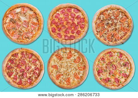 Display Of Six Italian Pizzas, On A Turquoise Background, Concept Menu