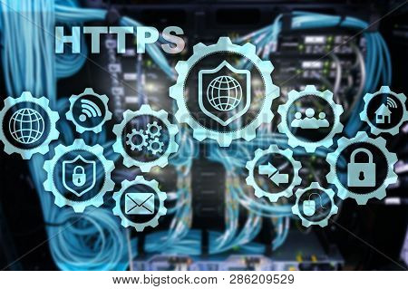 Https. Hypertext Transport Protocol Secure. Technology Concept On Server Room Background. Virtual Ic