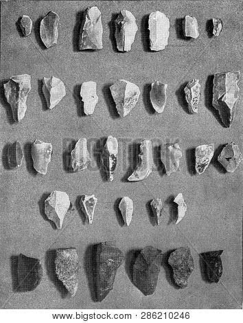 Primitive instruments in flint and porphyrite, vintage photo. From the Universe and Humanity, 1910.
