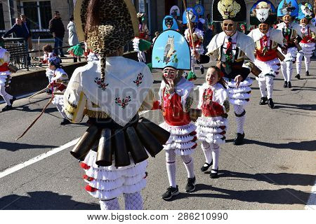 Verin, Spain, 24 Feb 2019. Famous Carnival And Street Parade With Cigarrons Costumes. Ourense Provin
