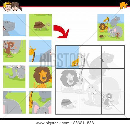 Cartoon Illustration Of Educational Jigsaw Puzzle Game For Children With Funny Wild Animals