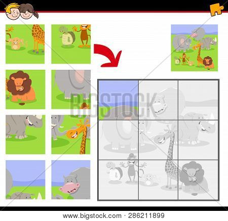 Cartoon Illustration Of Educational Jigsaw Puzzle Game For Children With Happy Wild Animals
