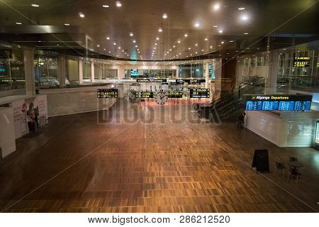 February 18, 2019. Kastrup Airport In Denmark, Copenhagen. Theme Transport And Architecture. Evening
