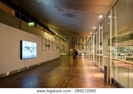 February 18, 2019. Kastrup Airport In Denmark, Copenhagen. Theme Transport And Architecture. Evening