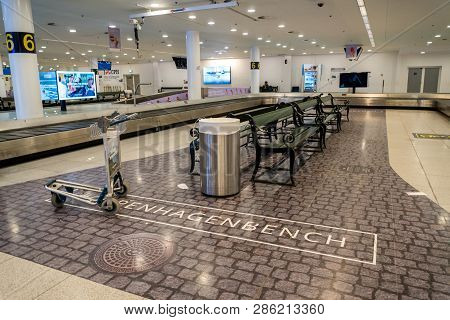 February 18, 2019. Kastrup Airport In Denmark, Copenhagen. Theme Transport And Architecture. Evening