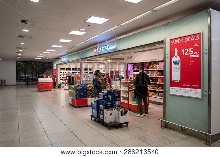 February 18, 2019. Kastrup Airport In Denmark, Copenhagen. Theme Transport And Architecture. Evening