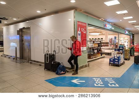 February 18, 2019. Kastrup Airport In Denmark, Copenhagen. Theme Transport And Architecture. Evening
