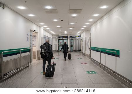 February 18, 2019. Kastrup Airport In Denmark, Copenhagen. Theme Transport And Architecture. Evening