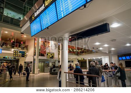 February 18, 2019. Kastrup Airport In Denmark, Copenhagen. Theme Transport And Architecture. Evening