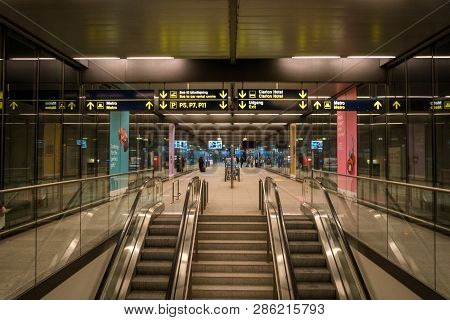 February 18, 2019. Kastrup Airport In Denmark, Copenhagen. Theme Transport And Architecture. Evening