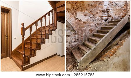 Comparison Of Modern Brown Wooden Oak Staircase With Carved Railing In New Renovated Apartment Inter