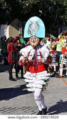 Verin, Spain, 24 Feb 2019. Famous Carnival And Street Parade With Cigarrons Costumes. Ourense Provin
