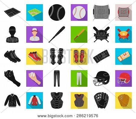Baseball And Attributes Black, Flat Icons In Set Collection For Design.baseball Player And Equipment