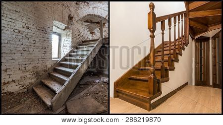 Comparison Of Modern Brown Wooden Oak Staircase With Carved Railing In New Renovated Apartment Inter