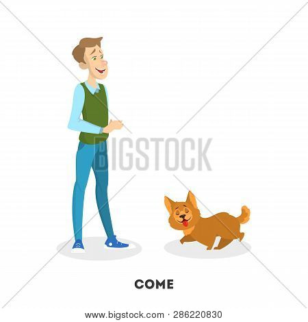 Man Training His Pet Dog. Come Command