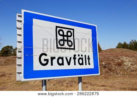 Road Sign At An Ancient Burial Site Located In Sweden At Asa