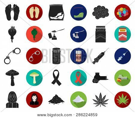 Drug Addiction And Attributes Black, Flat Icons In Set Collection For Design. Addict And Drug Vector