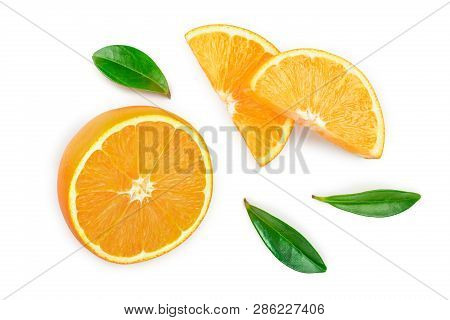 Orange With Leaves Isolated On White Background. Top View. Flat Lay